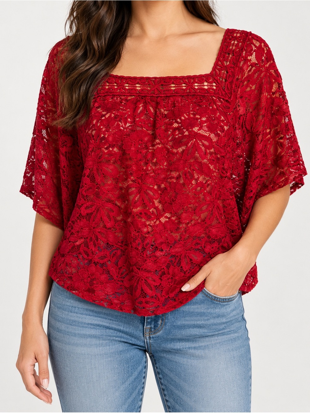 Red lace cropped top or cover up